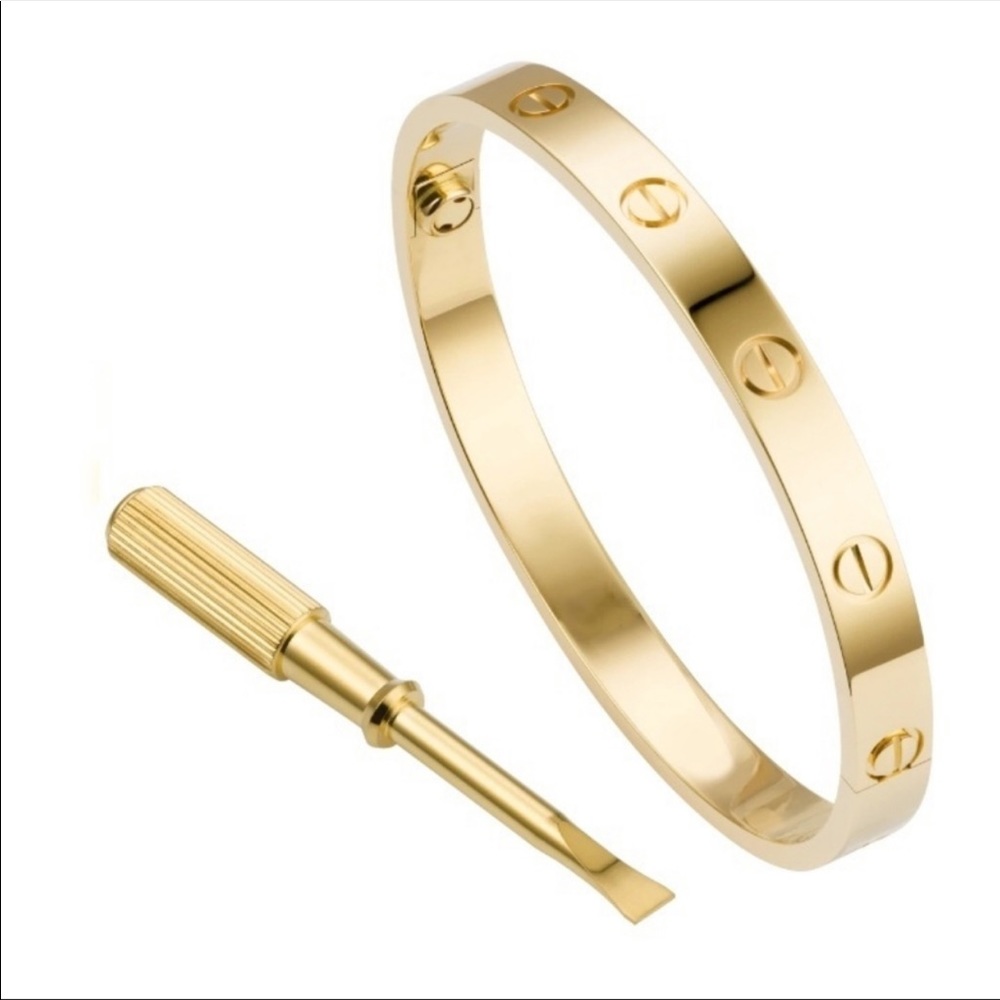 Stainless Steel Screw Love Bangle - Gold
